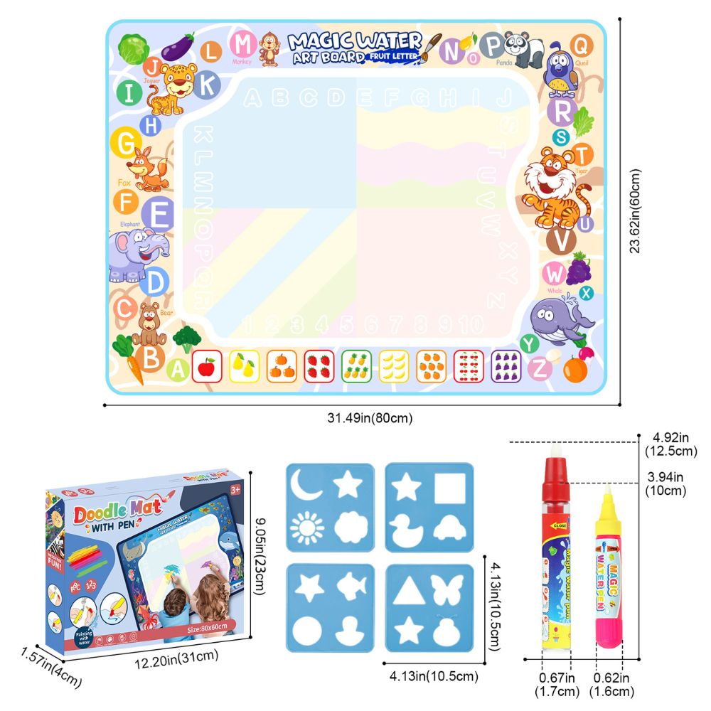 Reusable Water Drawing Mat with Dual Water Pens and Shape Templates for Kids