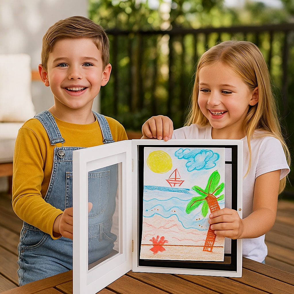 Flip Open Display Frame That Stores 150 Kids Drawings with Clean Modern Style in Three Colors
