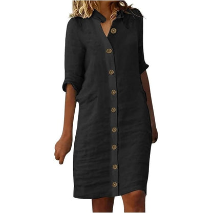 Linen Blend Midi Dress with Sleeveless Design and Loose Fit, Round Neckline
