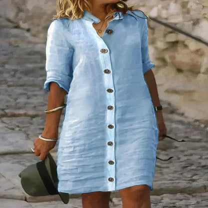 Linen Blend Midi Dress with Sleeveless Design and Loose Fit, Round Neckline