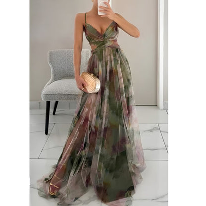 Floor Length Maxi Dress with V Neckline and Fitted Bodice, Abstract Multicolor Pattern