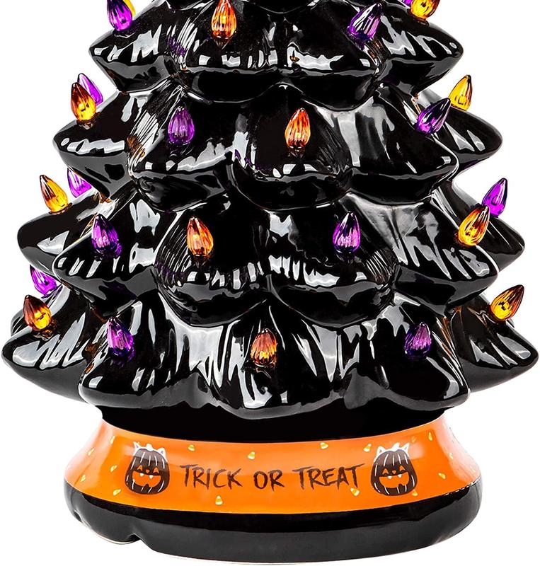 LED Ceramic Tree with Purple and Orange Beads, Battery-Powered Holiday Decor