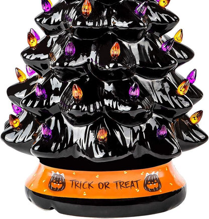 LED Ceramic Tree with Purple and Orange Beads, Battery-Powered Holiday Decor