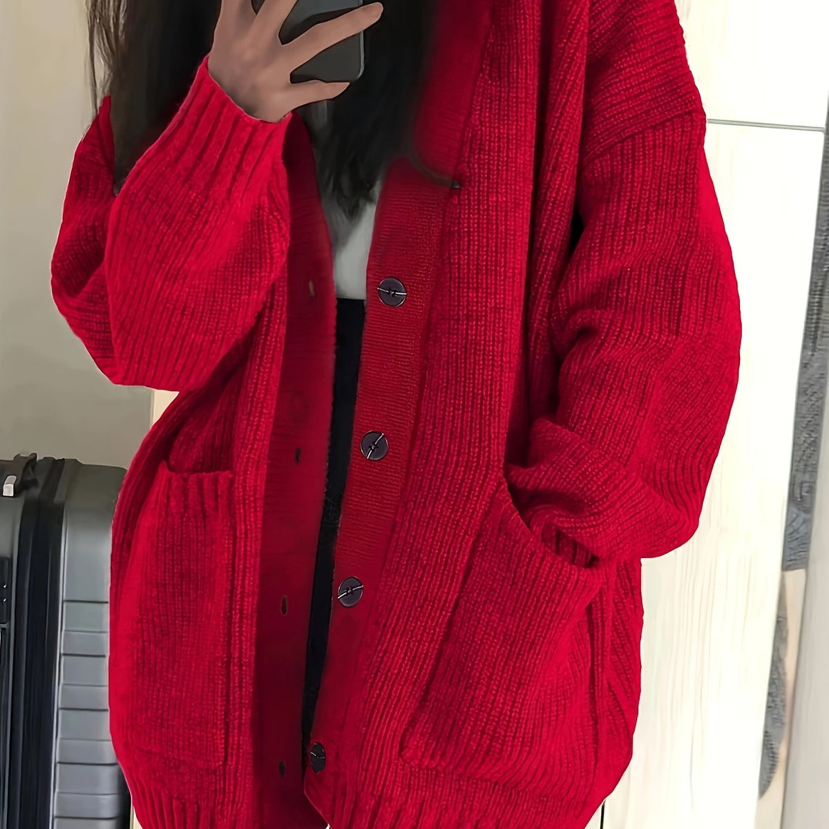 Chunky Ribbed Cardigan with Button Front Closure and Hip Pockets