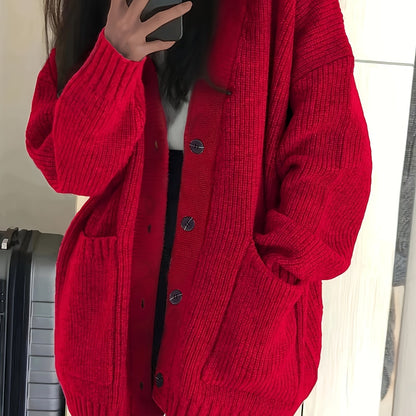 Chunky Ribbed Cardigan with Button Front Closure and Hip Pockets