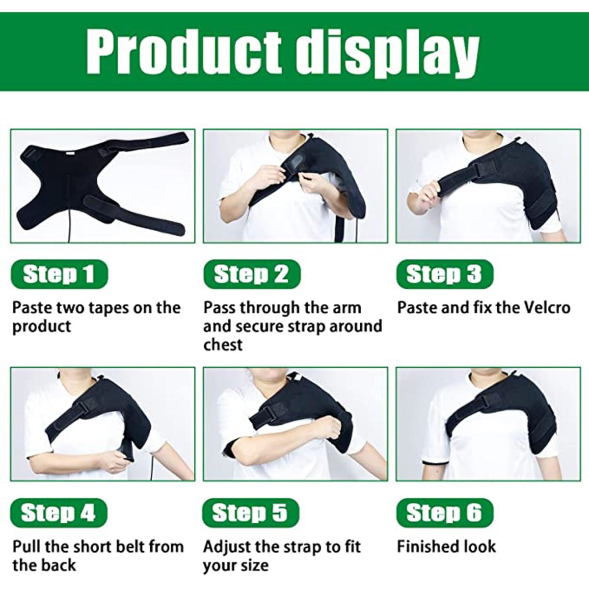 UTK Technology shoulder heating pad application steps showing six stages of securing the strap