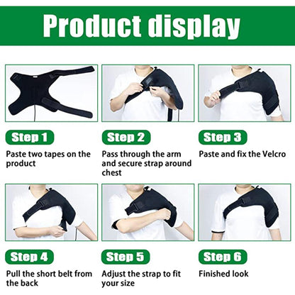 UTK Technology shoulder heating pad application steps showing six stages of securing the strap