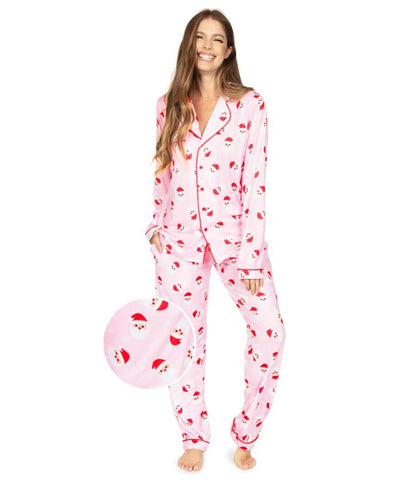 Womens Pink Lapel Pajama Set with Dancing Santa Print for Christmas Eve