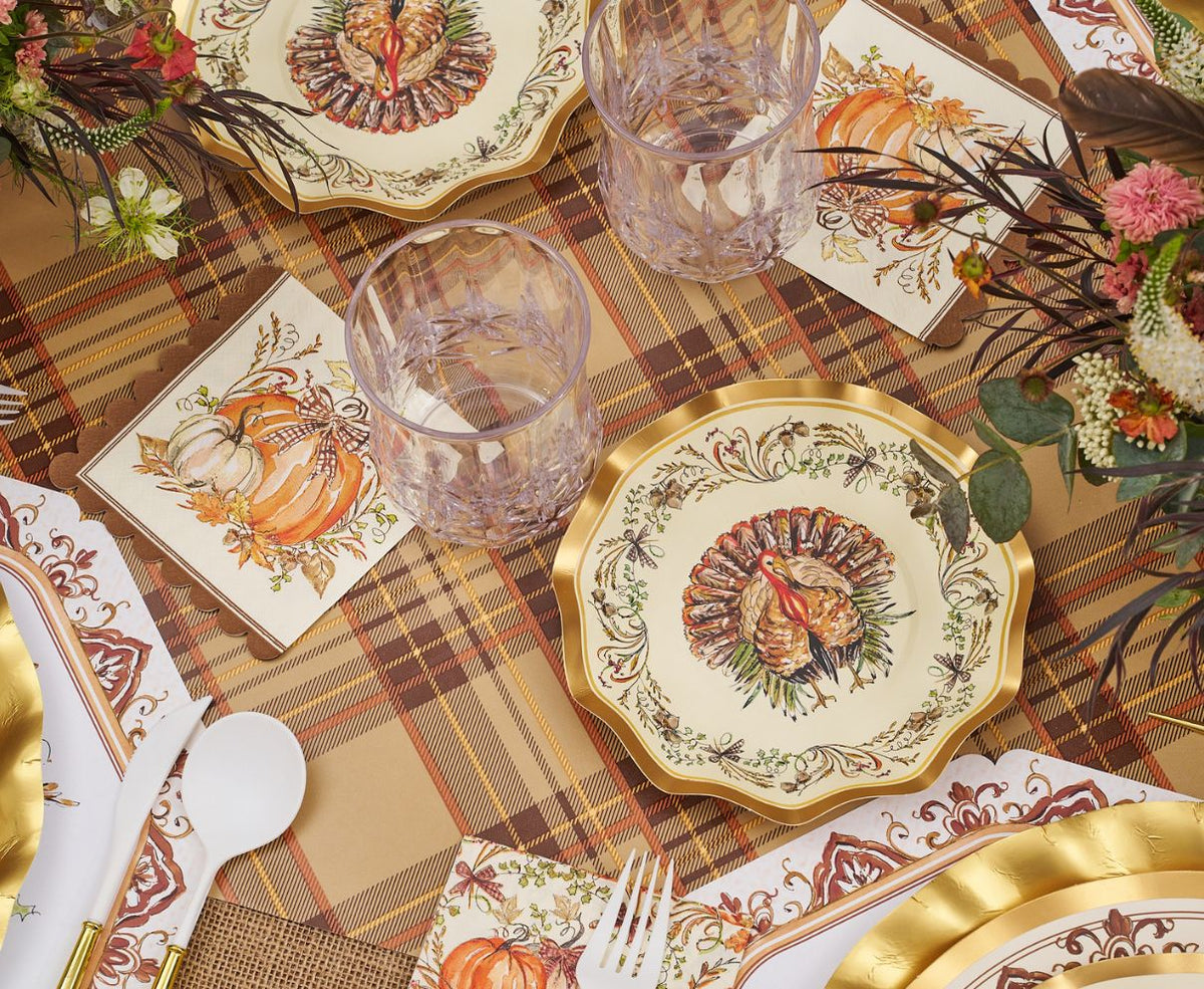 Disposable Paper Plates with Turkey and Pumpkin Design for Thanksgiving Dining