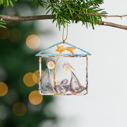 Quilled Paper Nativity Tree Ornament Showing the Holy Family Under a Shooting Star