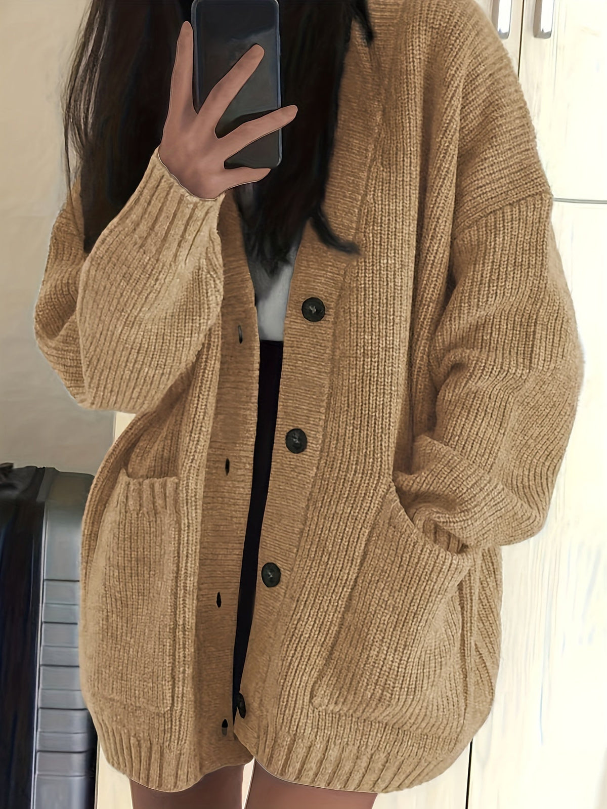 Chunky Ribbed Cardigan with Button Front Closure and Hip Pockets