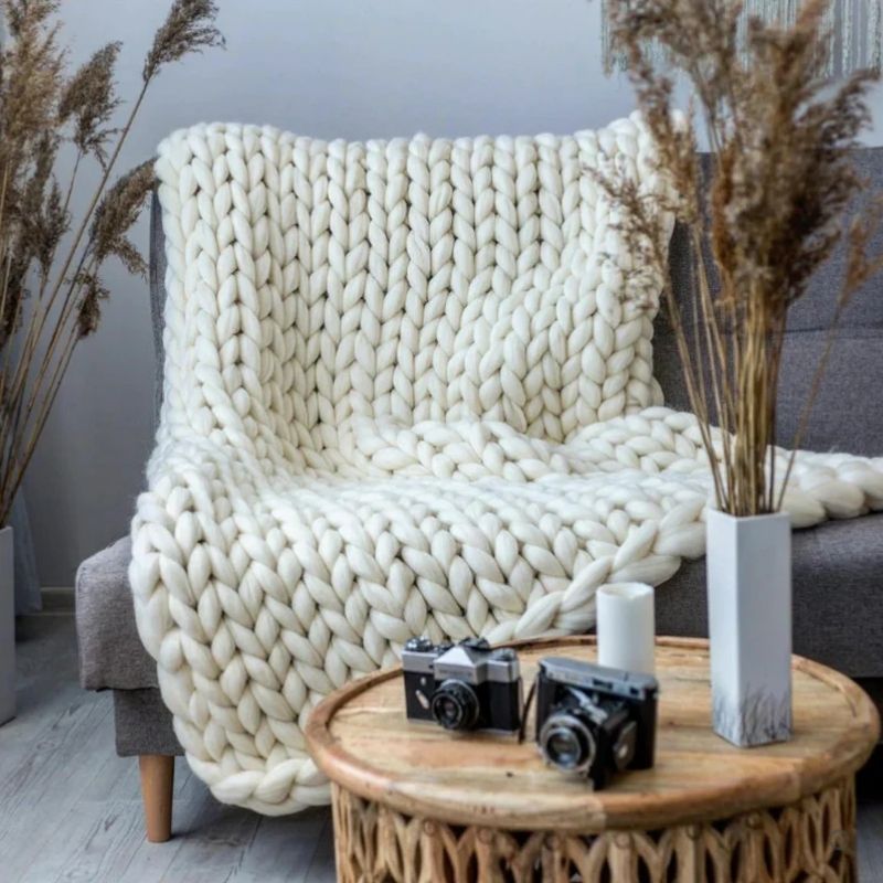 Hand Knitted Wool Blanket with Open Weave and Temperature Regulation