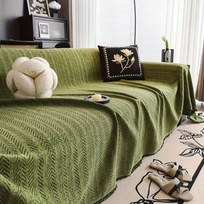 Microfiber Chenille Sofa Cover with Herringbone Weave and Tassel Trim
