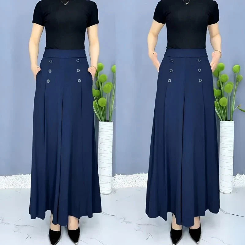 Wide Leg Pants with Pleated Front and Elastic Waistband, Wrinkle Resistant Cotton Blend
