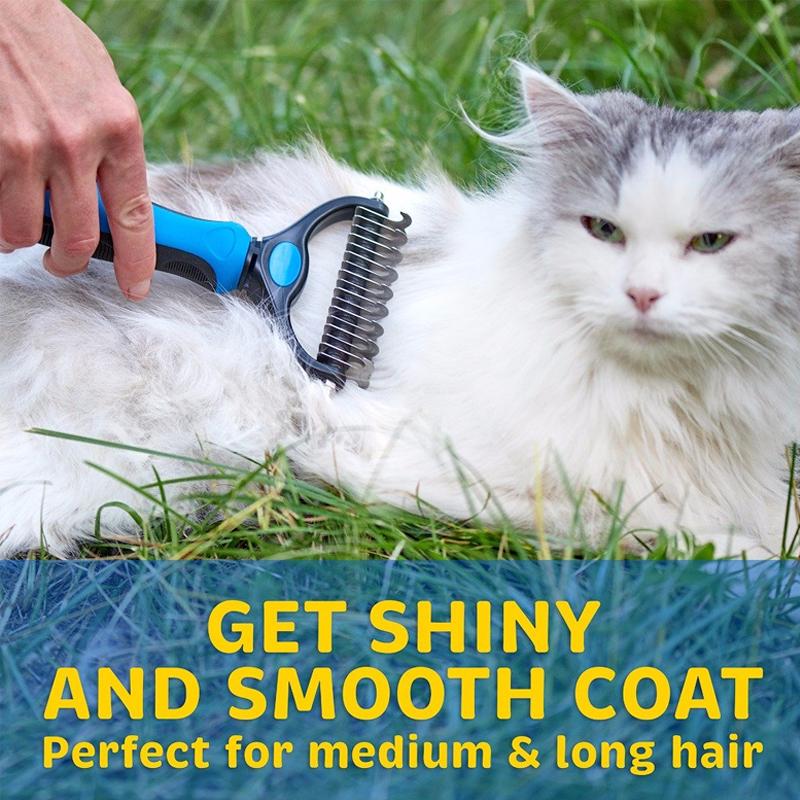 Pet Grooming Brush with Steel Blade Teeth and Rounded Edges for Medium to Long Fur