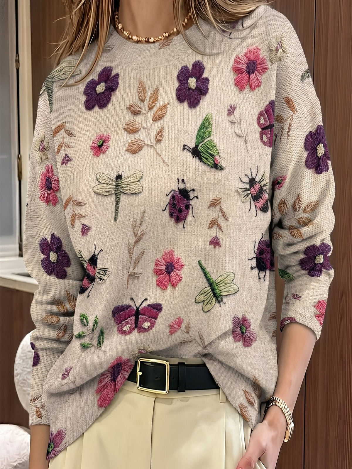 Womens Botanical Crewneck Sweater with Floral and Butterfly Print