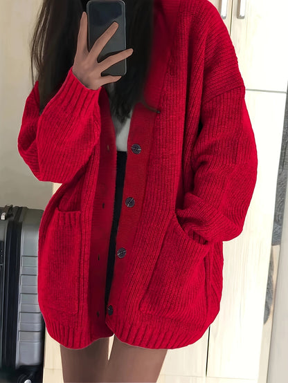 Chunky Ribbed Cardigan with Button Front Closure and Hip Pockets
