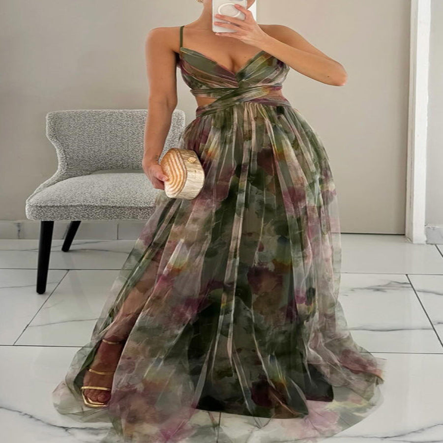 Women's Maxi Dress – Multicolor, Thin Straps, V-Neck, Fluid Silhouette