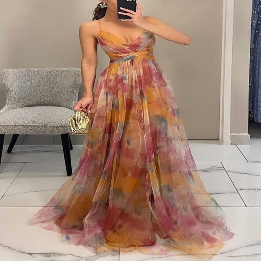 Women's Maxi Dress – Multicolor, Thin Straps, V-Neck, Fluid Silhouette