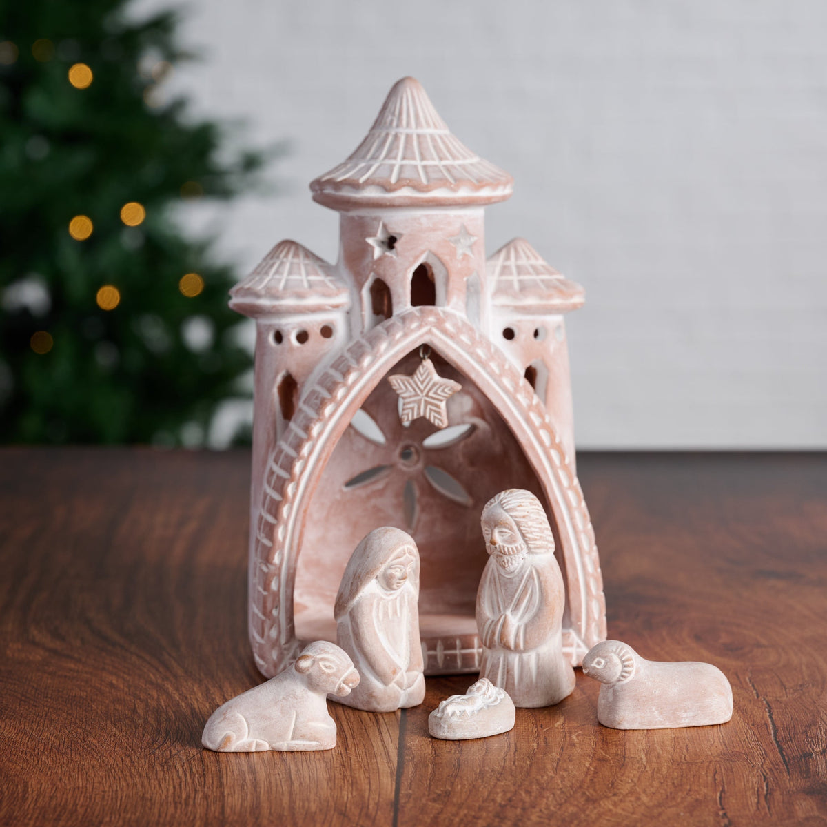 Terracotta Nativity Set of Six with Carved Palace Arch, Cow and Sheep Under a Hanging Star