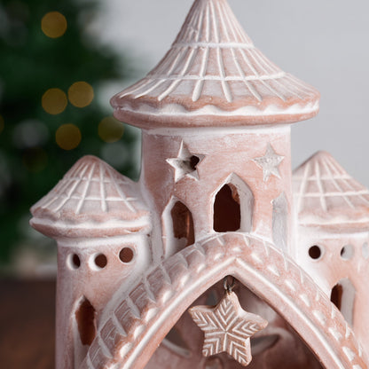Terracotta Nativity Set of Six with Carved Palace Arch, Cow and Sheep Under a Hanging Star