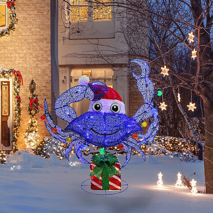 Purple Crab Christmas Yard Figure with Twinkling Multicolor LEDs and Santa Hat for Patios and Porches