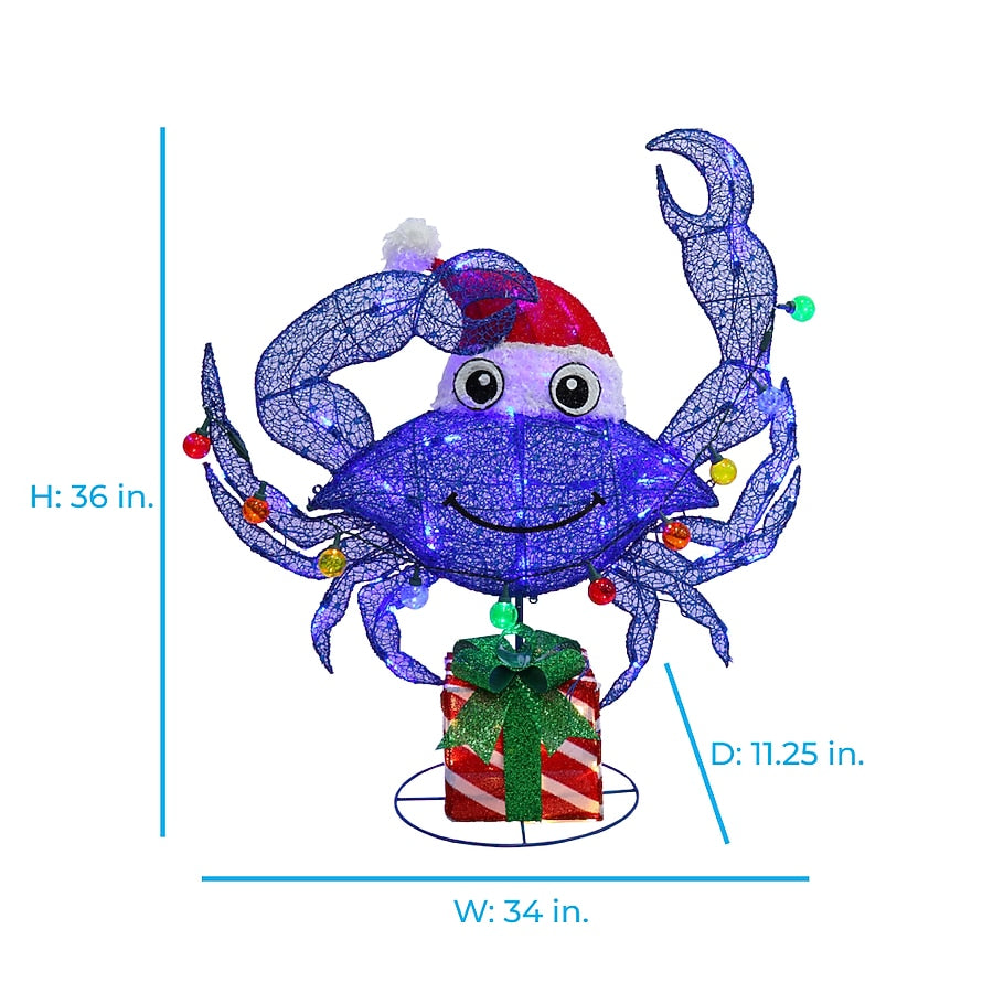 Purple Crab Christmas Yard Figure with Twinkling Multicolor LEDs and Santa Hat for Patios and Porches