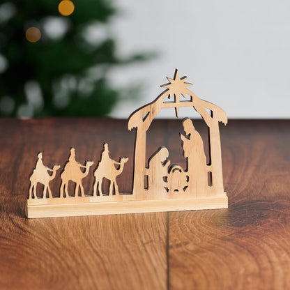 Single Piece Pine Nativity with Praying Holy Family and Wise Men Riding Camels