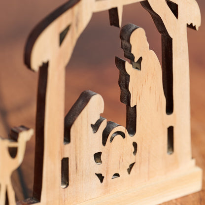 Single Piece Pine Nativity with Praying Holy Family and Wise Men Riding Camels