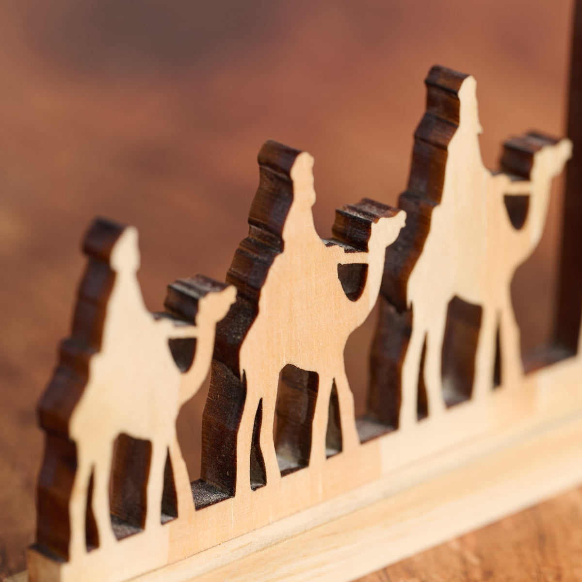 Single Piece Pine Nativity with Praying Holy Family and Wise Men Riding Camels