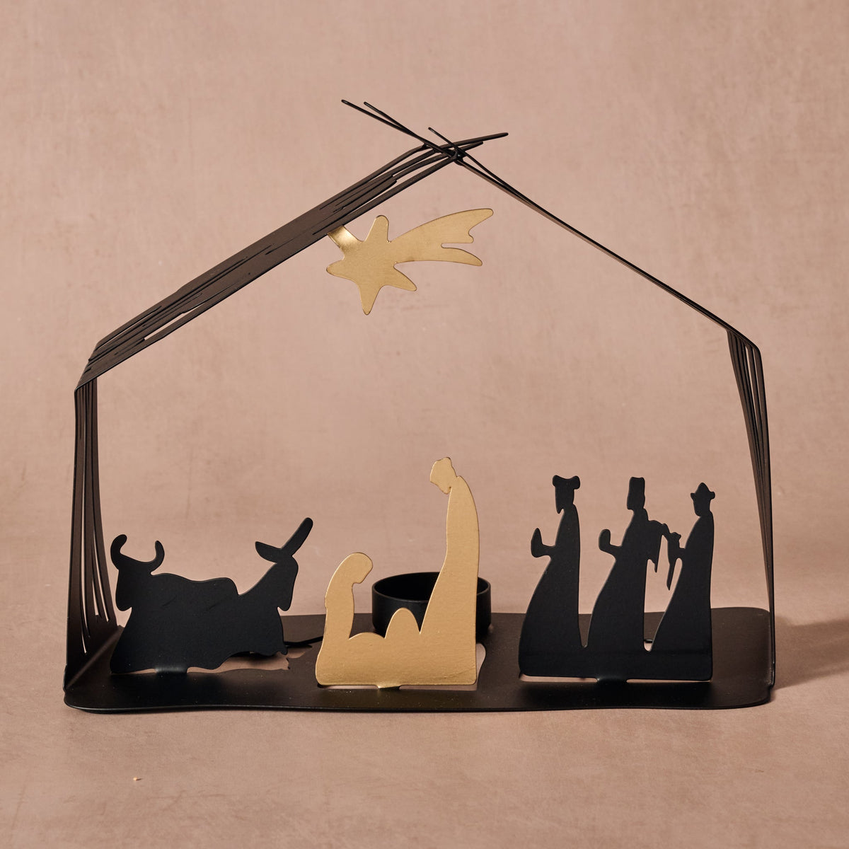 Silhouette Nativity Creche Cut From One Piece of Iron with Candle Cup and Golden Star