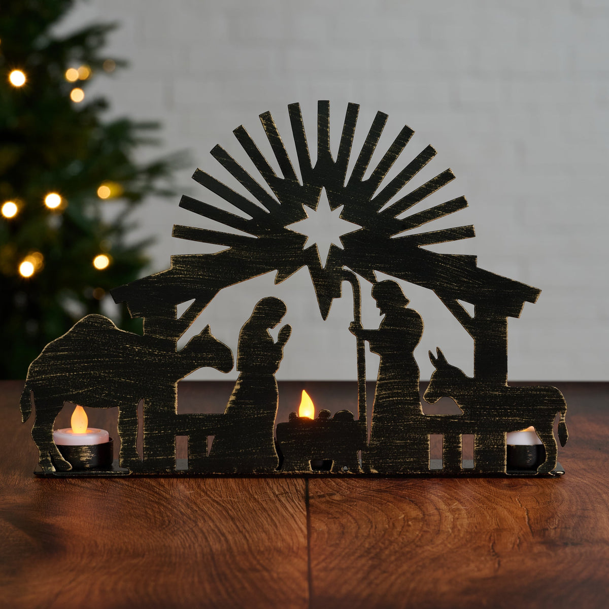 Tealight Nativity Candleholder in Black Iron with Camel, Donkey and Star of Bethlehem