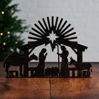 Tealight Nativity Candleholder in Black Iron with Camel, Donkey and Star of Bethlehem
