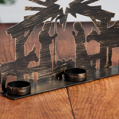 Tealight Nativity Candleholder in Black Iron with Camel, Donkey and Star of Bethlehem