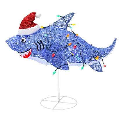 Sparkly Purple Shark Christmas Yard Figure with Twinkling LED and C6 Bulb Lights and Santa Hat