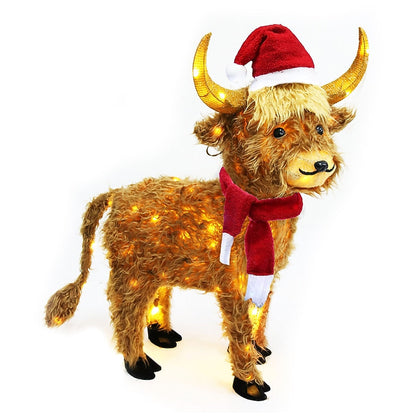 Shaggy Highland Cow Christmas Yard Figure with Warm White LEDs Red Scarf and Santa Hat