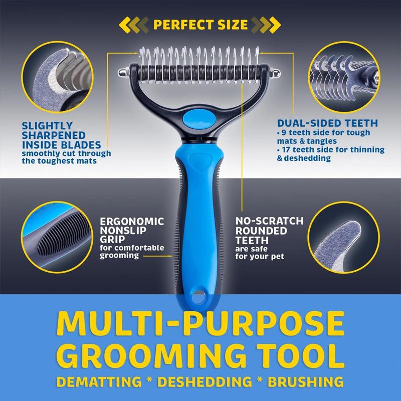 Pet Grooming Brush with Steel Blade Teeth and Rounded Edges for Medium to Long Fur