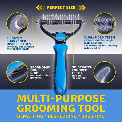 Pet Grooming Brush with Steel Blade Teeth and Rounded Edges for Medium to Long Fur