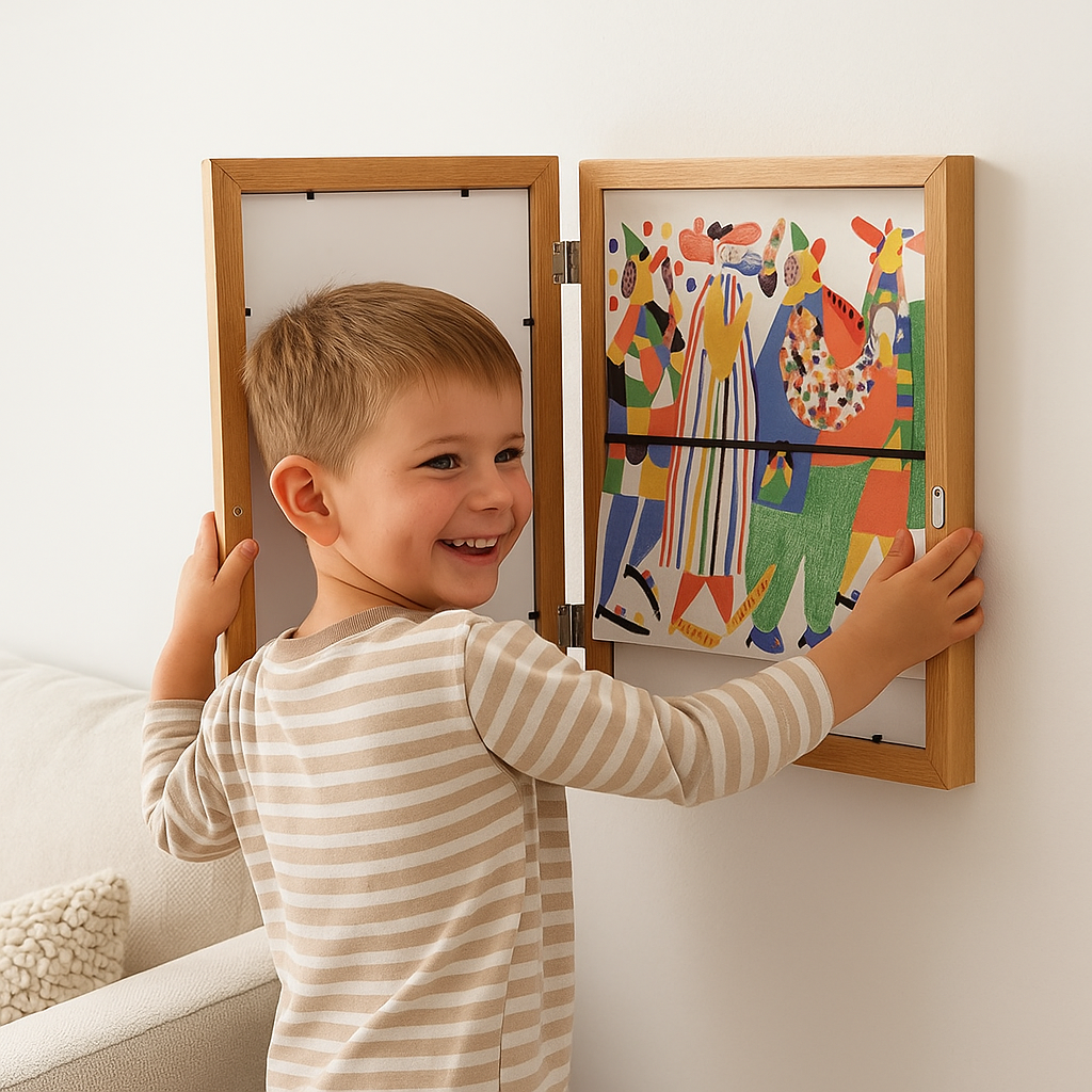 Flip Open Display Frame That Stores 150 Kids Drawings with Clean Modern Style in Three Colors