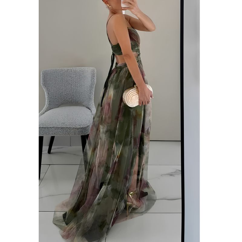 Floor Length Maxi Dress with V Neckline and Fitted Bodice, Abstract Multicolor Pattern