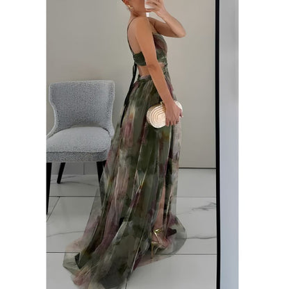 Floor Length Maxi Dress with V Neckline and Fitted Bodice, Abstract Multicolor Pattern