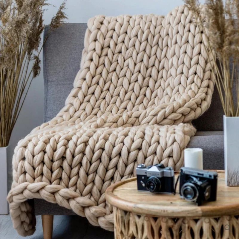 Hand Knitted Wool Blanket with Open Weave and Temperature Regulation