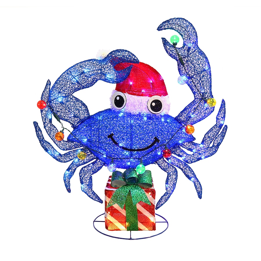 Purple Crab Christmas Yard Figure with Twinkling Multicolor LEDs and Santa Hat for Patios and Porches