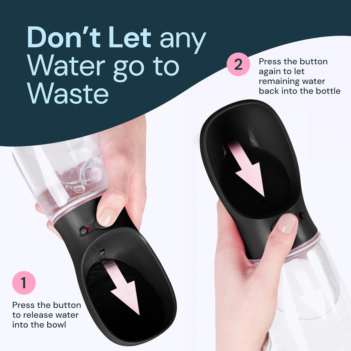 Dog Water Bottle with Attached Bowl and One Button Control, 19 oz
