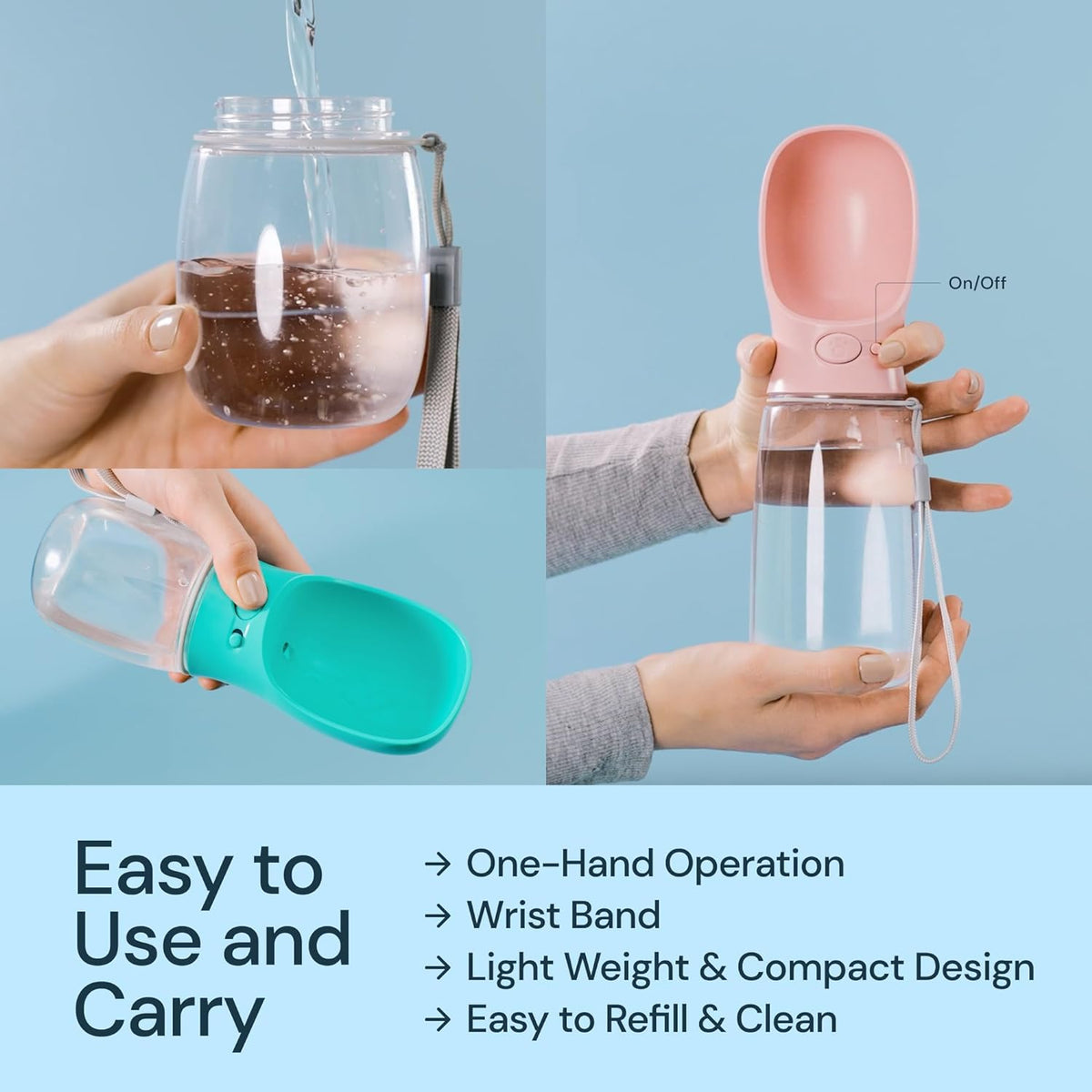 Dog Water Bottle with Attached Bowl and One Button Control, 19 oz