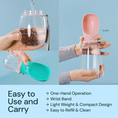 Dog Water Bottle with Attached Bowl and One Button Control, 19 oz