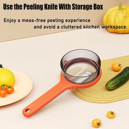 Dual Blade Apple Peeler with Two Interchangeable Heads, a Potato Eye Remover and a Peel Storage Box