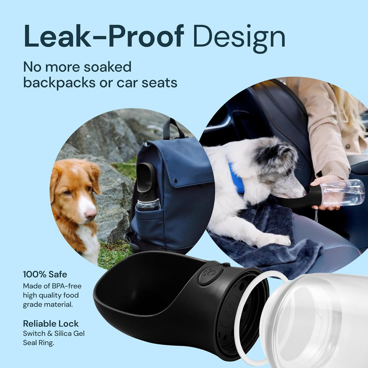 Dog Water Bottle with Attached Bowl and One Button Control, 19 oz