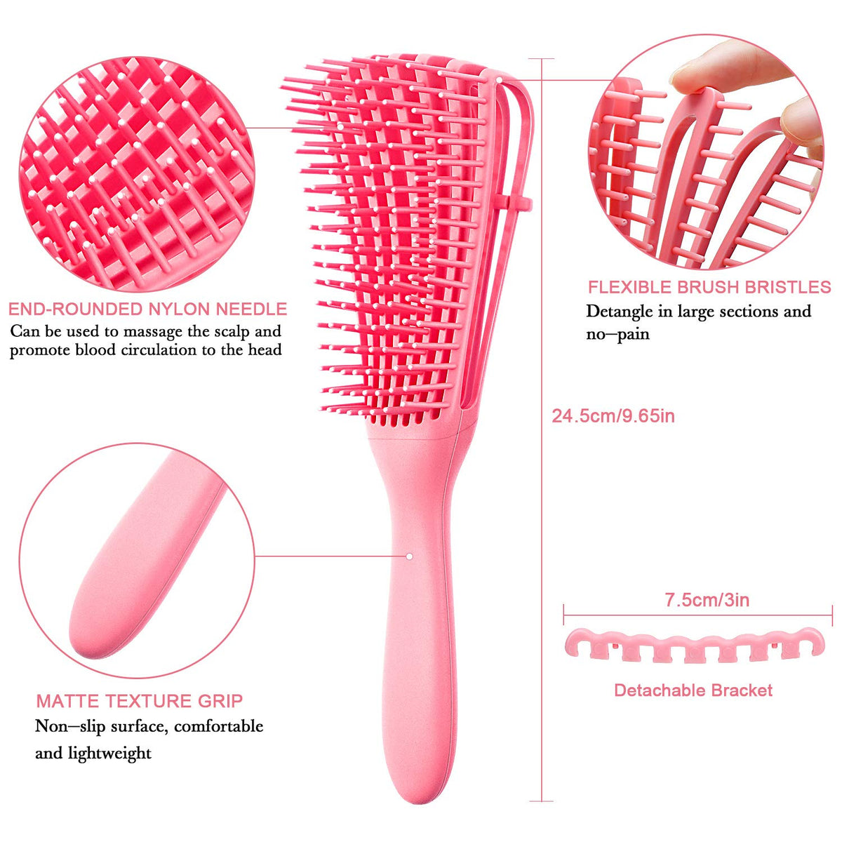 Two Piece Detangling Brush Set with Adjustable Bristle Height and a Rubber Band Cassette for Curly and Coily Hair