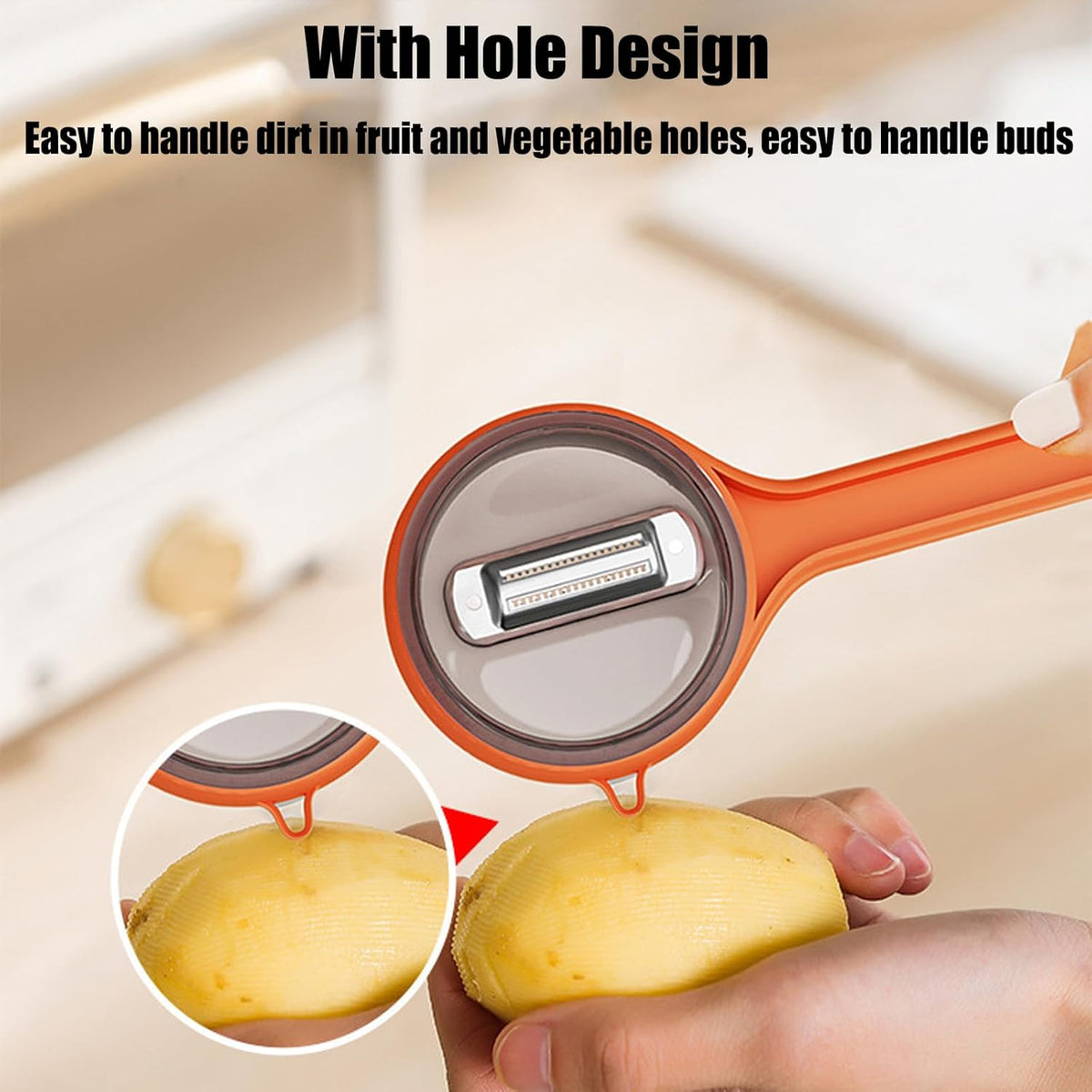 Dual Blade Apple Peeler with Two Interchangeable Heads, a Potato Eye Remover and a Peel Storage Box